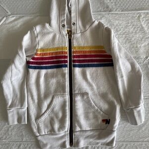 Aviator Nation White Hoodie with Yellow Orange Red Pink and Blue Stripes